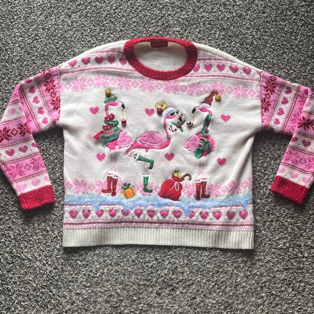 Blizzard Bay Pink Flamingo Christmas Sweater Hearts Snowflakes Women Large